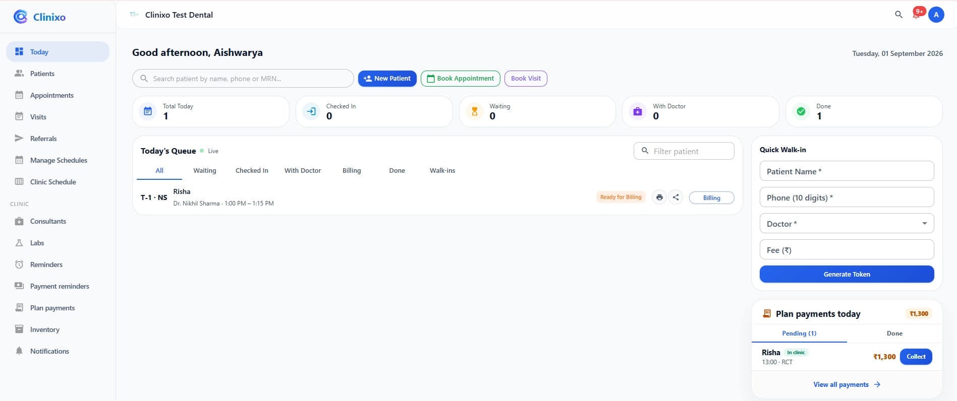 Clinixo receptionist dashboard with today’s queue, quick walk-in token form and plan payments to collect